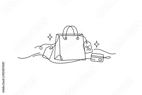 Minimalist line art of a shopping bag with tags and credit card, symbolizing commerce