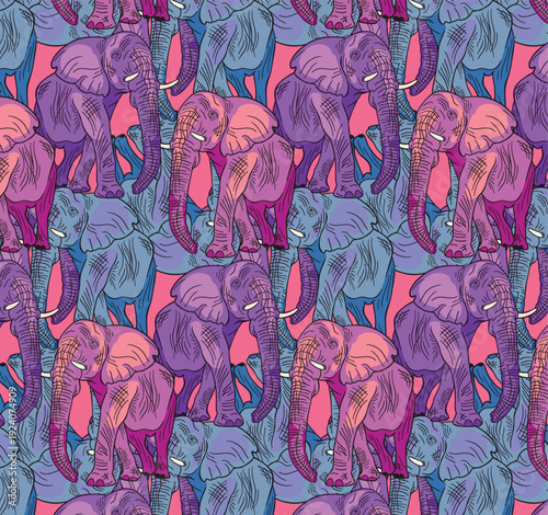 Elephant repeat pattern with pink, blue and purple elephants in a funky retro style, seamless background print 