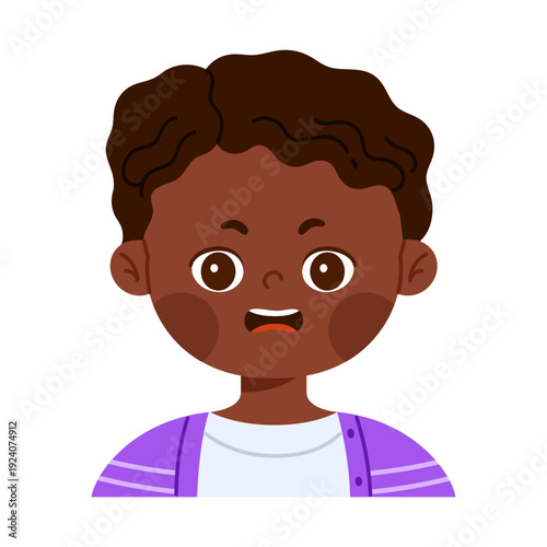 Cute worried African American  boy character with anxious facial expression. Concerned child avatar with open mouth. Emotional reaction concept. Isolated vector illustration in flat cartoon style
