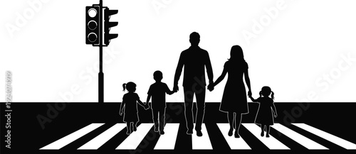Family Walking Across Zebra Crossing Silhouette Vector Illustration, Parents and Children at Traffic Light Urban Road Safety Concept