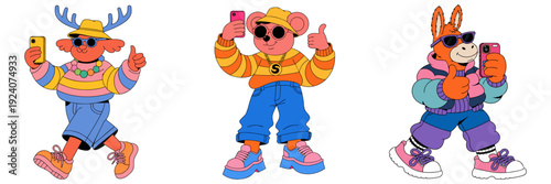 Adorable chubby Deer, Donkey and Mouse posing for a selfie with big smiles, stylish sunglasses, and cheerful thumbs-up gestures, illustrated in colorful vector art.