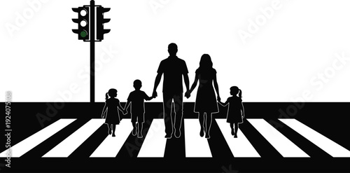 Family Crossing Street at Crosswalk Silhouette Vector Illustration, Parents and Children Walking Safely with Traffic Light Signal