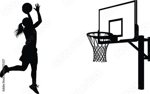 Female Basketball Player Silhouette Vector Illustration, Woman Jumping for Layup Shot at Hoop, Black and White Sports Design