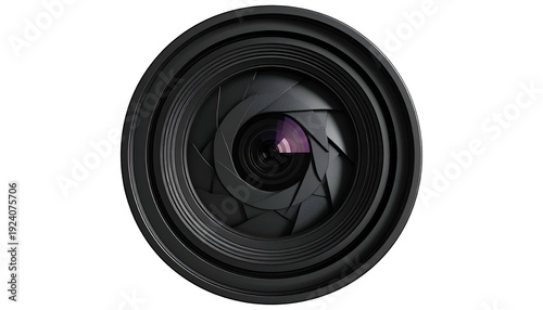 Close-up of a camera lens aperture, showing blades and reflections against a black background