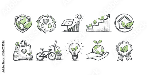 Eco-friendly chalk illustration icon set. Sustainability outline icon collection