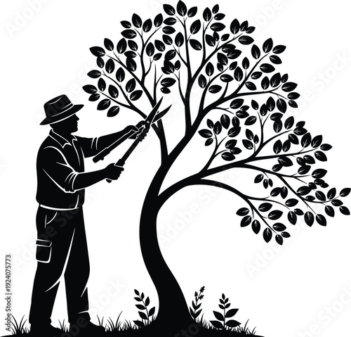 Gardener Pruning Tree Silhouette Vector Illustration, Man Trimming Branches with Shears, Garden Maintenance Concept Black and White Design