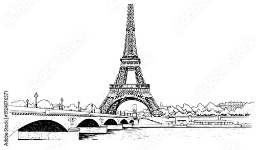 Black and white Eiffel Tower Seine bridge sketch vector