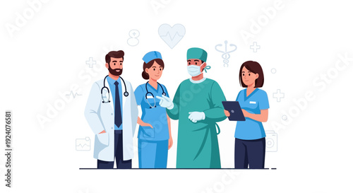 Professional Medical Team Illustration: Doctor, Surgeon, Nurses & Staff Collaborating in Healthcare Setting