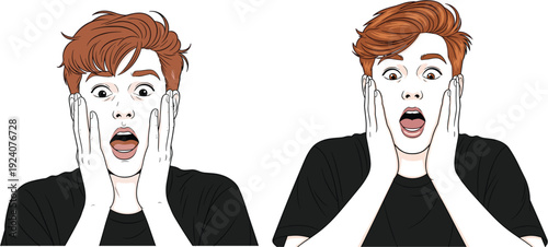 Vector illustration of two young men with shocked facial expressions holding their faces with hands in surprise isolated on white background