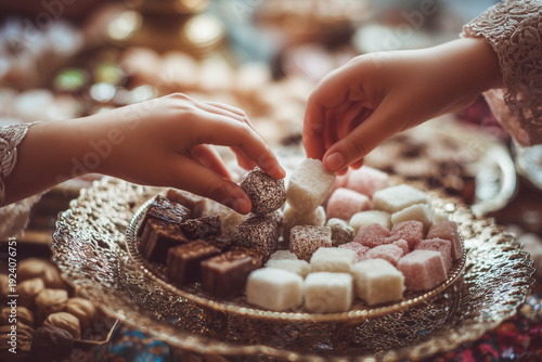 Small hands reaching for sweets on ornate plate during Eid celebration