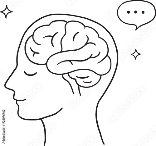 Brain and mental health vector set. Minimalist doodle of human head with brain, cute brain mascots exercising, having ideas, and self-care concepts. Ideal for psychology and education design.