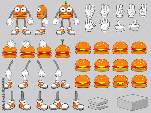 Cartoon burger characters and components arranged in a grid pattern