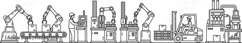 Industrial automation production line illustration, factory robotic arms conveyor system forklift operator manufacturing process outline vector illustration bundle pack design