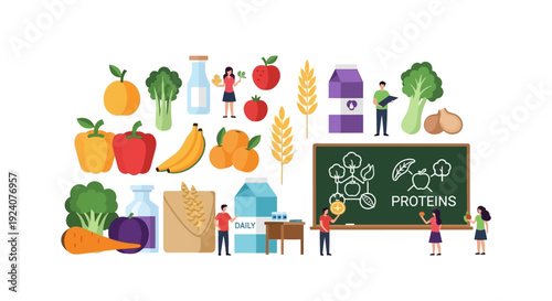 Healthy Eating and Nutrition Concept: Diverse Food Groups, Proteins, Fruits, Vegetables, Grains, and Dairy for a Balanced Diet Illustration