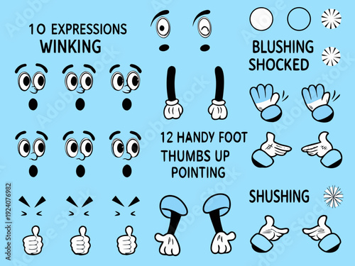 Collection of cartoon expressions winking faces hands and emotive symbols