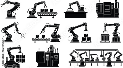 Industrial robotic arms automation collection, factory robot machines silhouettes, manufacturing technology vector set with assembly line production equipment illustration pack