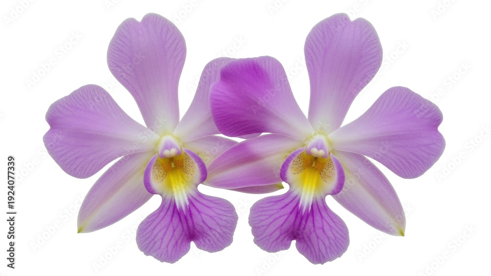 Obraz premium Isolated purple and yellow orchid flowers, delicate blossoms in bloom, floral arrangement