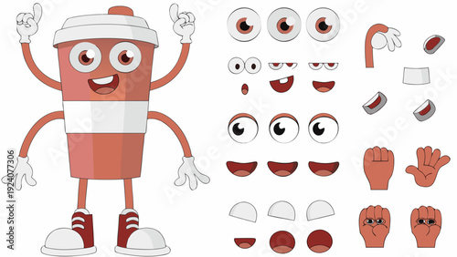Cartoon coffee cup character with disassembled parts for animation