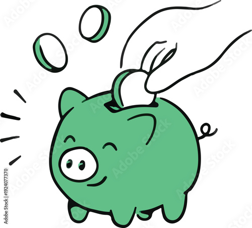 Cute green piggy bank vector illustration with hand putting a coin. Concept for money saving, investment, financial growth, and banking budget in minimal hand-drawn doodle style.