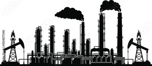 Oil refinery industrial plant silhouette, petroleum factory skyline with pump jack rigs, energy industry vector illustration bundle pack design