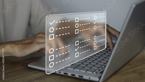Slika na platnu Questionnaire with checkboxes digital interface on laptop for online surveys, customer feedback, and data collection