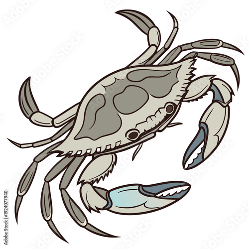 A cartoon crab with blue claws is shown