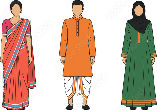 Traditional South Asian clothing vector set, Indian cultural outfits illustration with sari kurta hijab dress isolated people fashion collection design