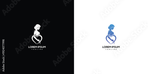 Pregnant Woman Silhouette with Heart Symbol Logo.