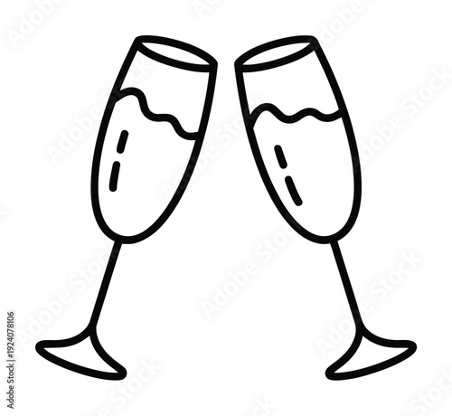 Two champagne glasses clinking in a toast, simple line