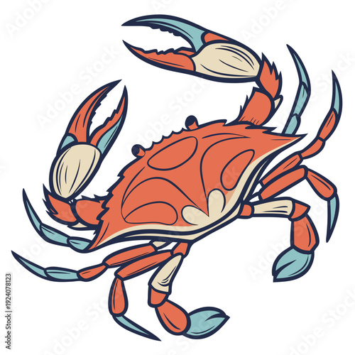 A cartoon crab with orange and blue claws and legs