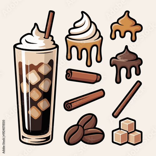 Coffee Ingredients Vector Illustration Set of Iced Latte Beans and Cinnamon
