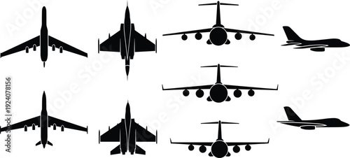 Military aircraft silhouettes collection, fighter jet and cargo airplane vector set, front side top view aviation illustration isolated