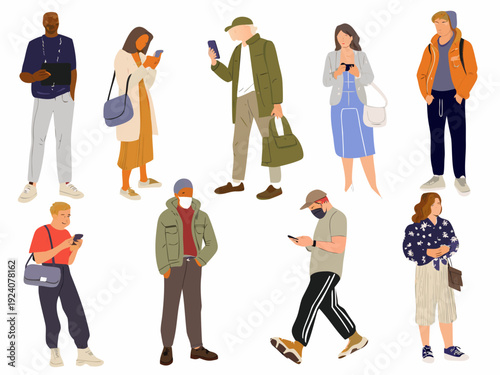 Diverse group of people using smartphones in a minimalist illustration