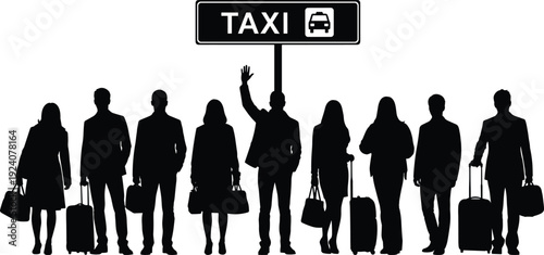 Taxi queue travelers silhouettes, airport passengers with luggage waiting cab transport sign, business travel people vector illustration bundle pack design