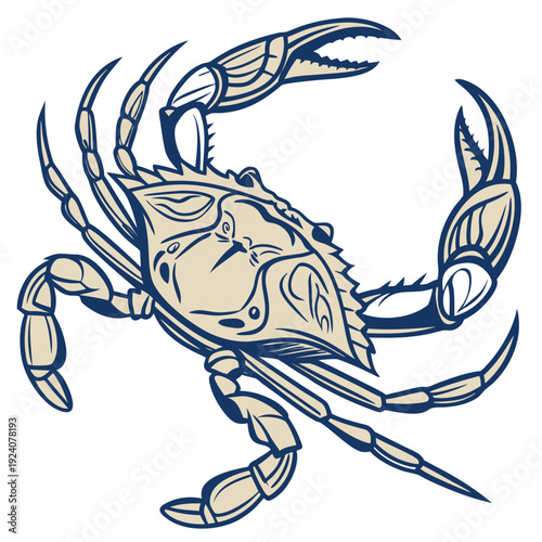 A blue and beige illustration of a crab