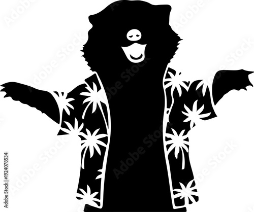 A whimsical black silhouette of a bear wearing a jacket adorned with white snowflakes