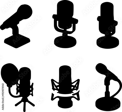 A collection of six distinct microphone designs in black silhouette