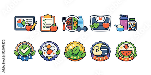 Health and fitness filled icon set featuring wellness, nutrition, and exercise