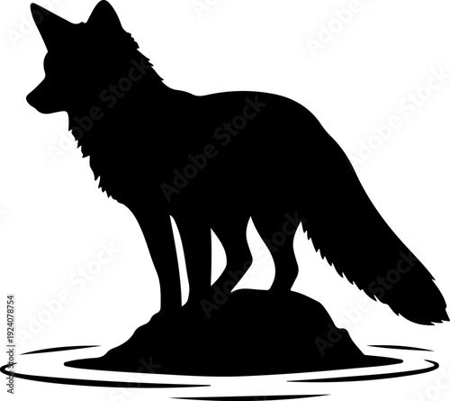 Silhouette of a fox standing on a rock in a reflective surface.