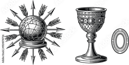 Vintage sacred chalice and mystical arrow compass emblem, engraved medieval symbol illustration, antique occult design elements isolated vector collection artwork