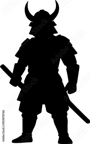 Silhouette of a samurai warrior standing with a sword and shield.