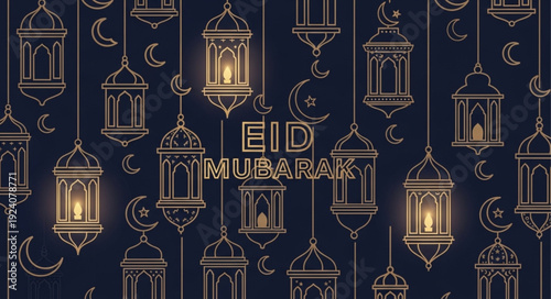 Islamic Eid Mubarak lanterns and crescent moon decoration.