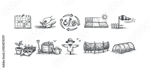 Gardening and sustainability outline icon set for eco-friendly home projects
