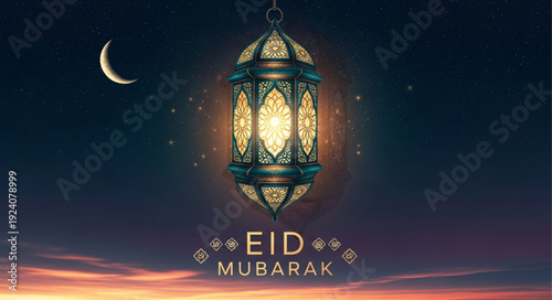 Islamic Eid Mubarak lantern with crescent moon and stars.