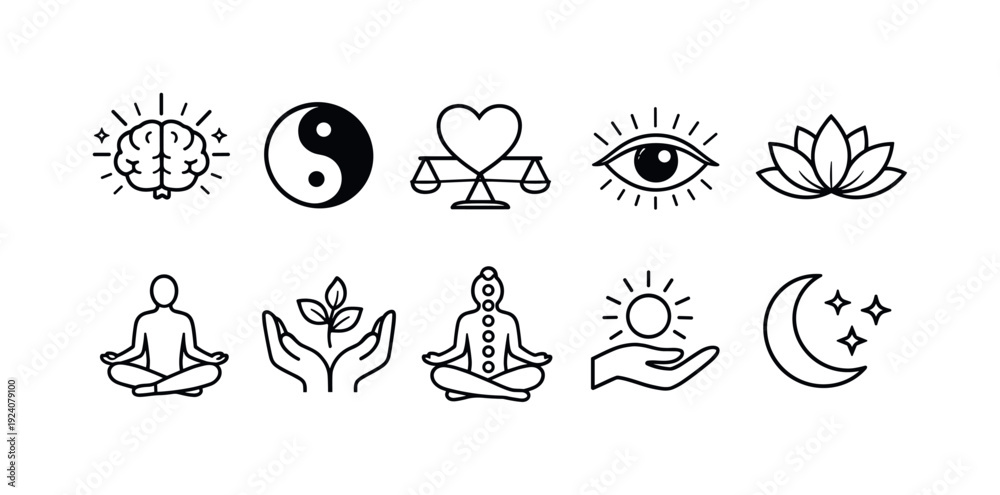 Obraz premium Meditation, yoga line icon set. Mindfulness, lotus symbols outline collection