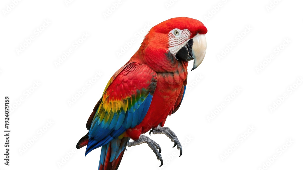 Fototapeta premium Isolated colorful parrot with red, yellow, and blue feathers perched on an invisible branch