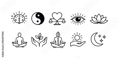Meditation, yoga line icon set. Mindfulness, lotus symbols outline collection