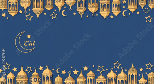Islamic Eid Celebration Lanterns and Crescent Moon Decoration.
