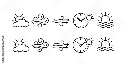 Weather forecast outline icon set. Climate, wind, sun, clouds, time symbols.