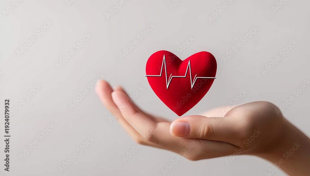 Fototapeta premium A hand holding a red heart symbolizing love and health, showcasing a heartbeat line for medical wellness.